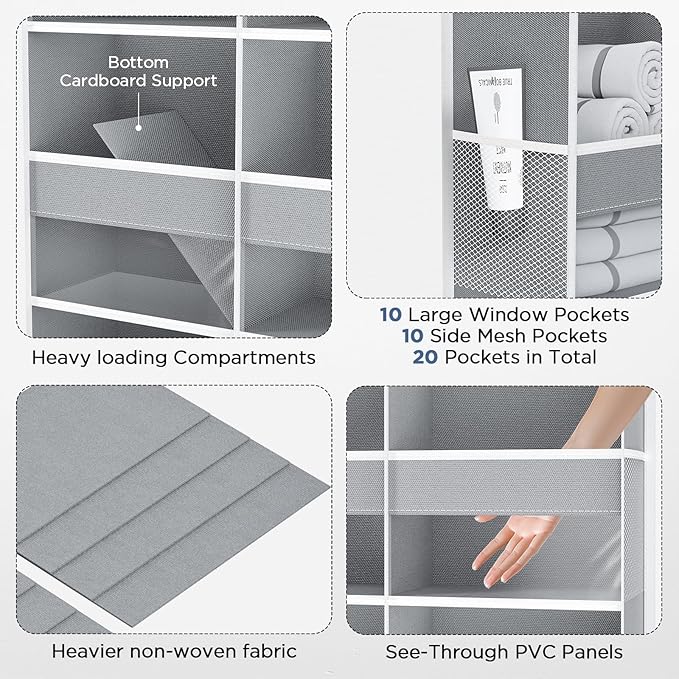 5-Tier Over The Door Organizer with 10 Side Mesh Pockets & Clear Windows, 80 lb Weight Capacity Hanging Storage for Bathroom, Bedroom, Nursery, Kitchen, Organizer Toys, Shoes, Diapers (Grey 2 Pack)