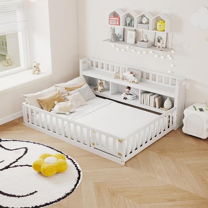 mikibama Twin Size Floor Bed with Side Bookcase and Shelves, Montessori Floor Bed with Guardrails for Bedroom, Wood Full Floor Bed Frame with Storage for Girls, Boys, White