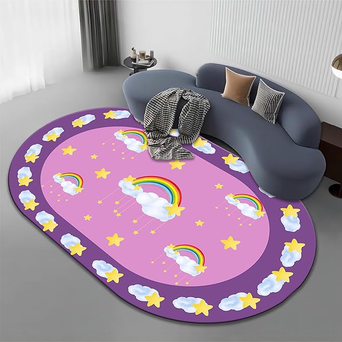 Rainbow Stars Kids Rug, 3x5ft, White Clouds Yellow Stars Pattern Oval Rug, Cute Soft Indoor Carpet for Girls Bedroom, Non-Slip Washable Low Pile Floor Mats for Classroom Nursery Playroom
