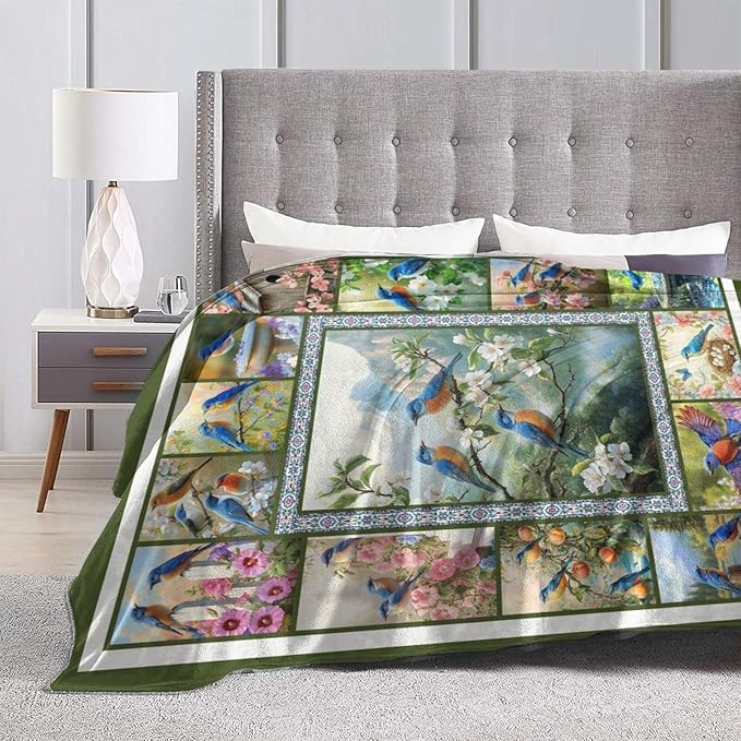 Blue Hummingbirds Blanket Moutain Flowers Bird Throw Blankets Gifts for Girls Boys Women Cozy Warm Soft Fuzzy Flannel Throw Plush Stuffed Animal Fleece Gifts for Kids Men Women for Sofa Bed 50" x60"