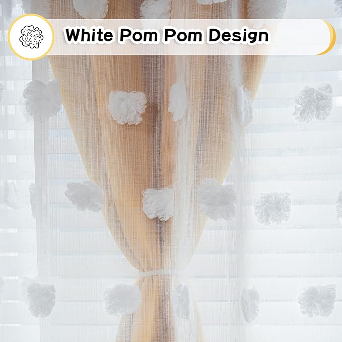 MYSKY HOME Nursery Curtains Yellow Double Layer Curtains for Bedroom 63 Inch Long Curtains for Kids Room Kithen White Pom Pom Sheer Grommet Room Darkening Window Curtains 2 Panels Set, 52 x 63 Inch
