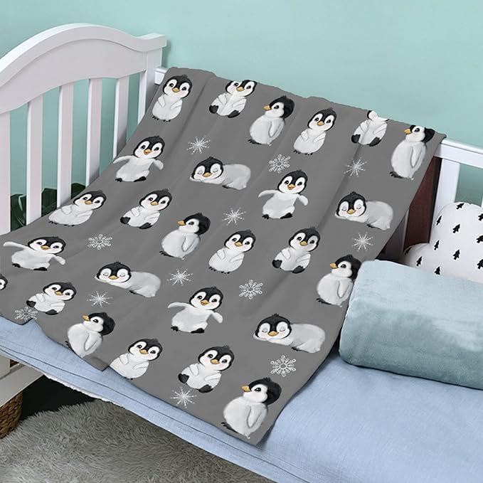 Thuswarm Cute Penguin Grey Flannel Throw Blanket Gifts Warm Cozy Soft Funny Print Blankets for Summer Room Decoration Bed Couch Sofa 50”×40” Small for Kid
