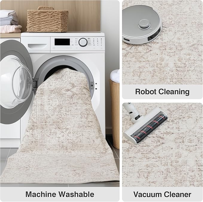 Fmfunctex 8x10 Washable Area Rug Beige Vintage Neutral Distressed Oriental Large Non Slip Carpet for Living Room Bedroom Soft Low Pile Indoor Mat Retro Throw Rug for Dining Room Kitchen Office Nursery