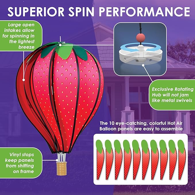 Hot Air Balloon Hanging Garden Spinner 22" - Vibrant Strawberry Design, Weather-Resistant Outdoor Decor, Durable & Lightweight for Patios, Yards, and Gardens - Eye-Catching Wind Spinner