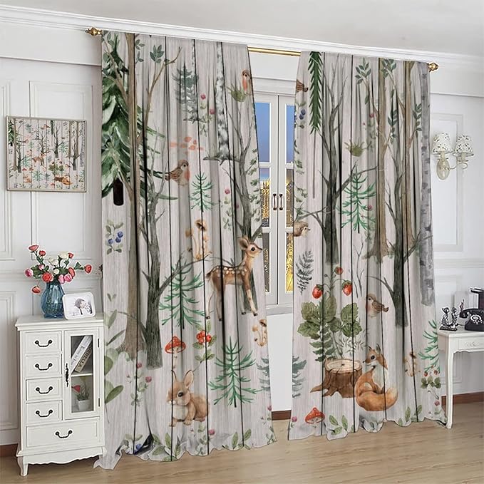 Forest Animal Curtains,Winter Dry Branches Pine Tree Moose Bear Animal Print Curtains for Children Boys and Girls Bedroom Living Room 42x45 Inch
