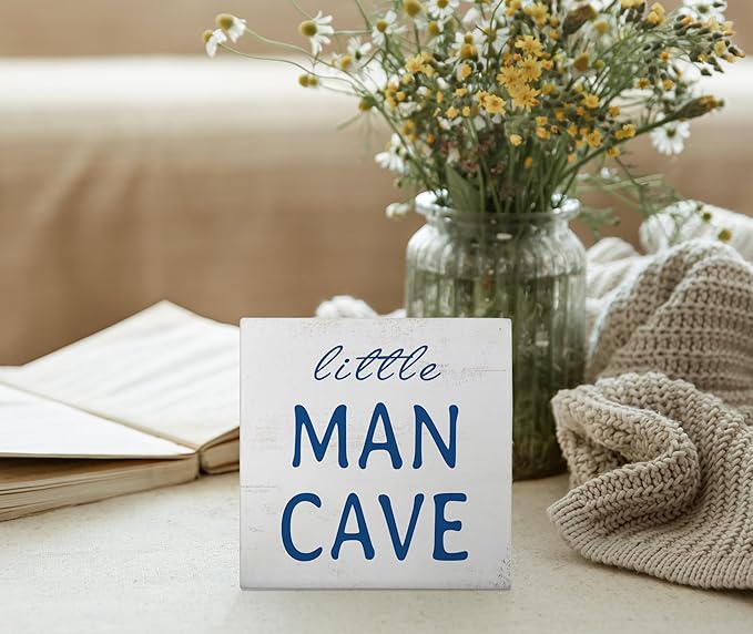 Mtrgdn Baby Boy Nursery Decor,Kids Room Decor,Little Man Cave Wooden Box Sign for Boy Baby Nursery Room Shelf Table Desk Decorations,5x5 Inch