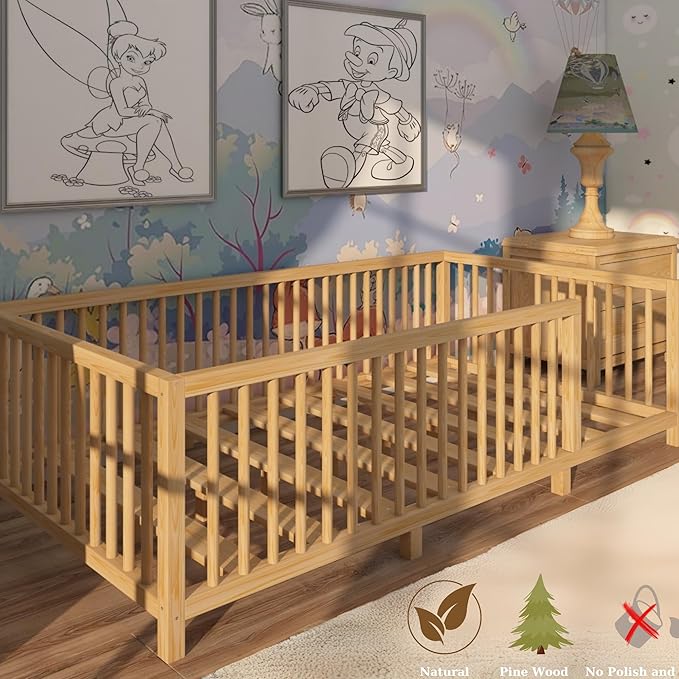 Montessori Floor Bed with Slats for Toddler 60'' x 80'' Queen Size | Pine Wood Natural Solid Frame Bed | Sturdy Design Floor Bed Frame for Boy and Girls (Queen, Height : 23.6 Inches)