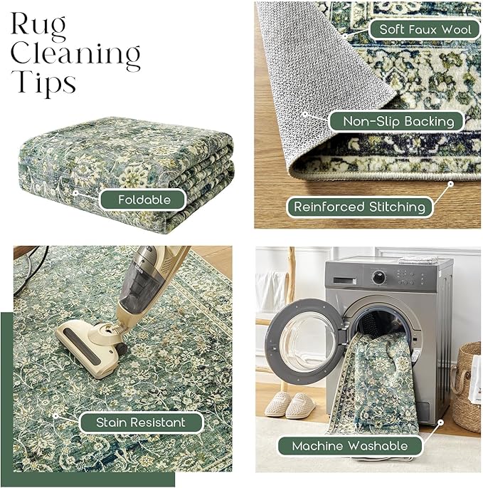 Dark Green Rug for Bedroom Neutral Boho Farmhouse Floral Washable Soft Faux Wool No Slip Area Rugs for Living Room Home Office,5x8