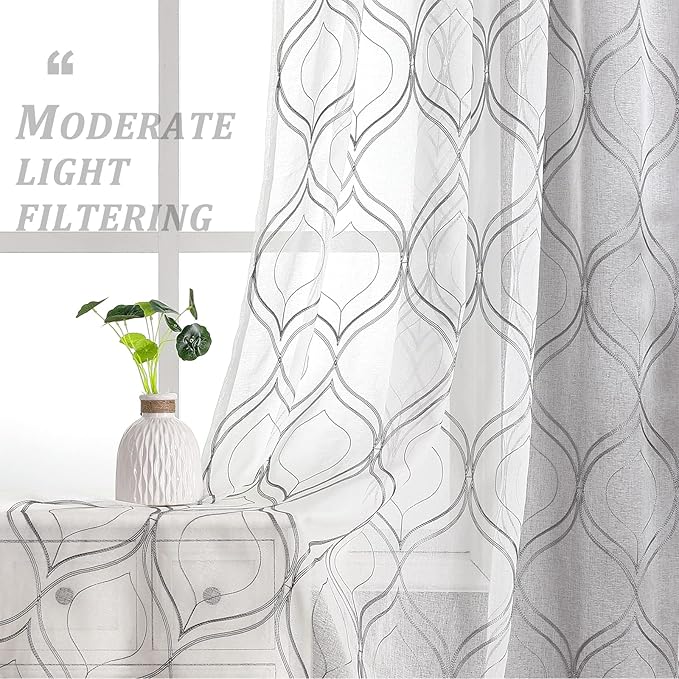 VISIONTEX White Sheer Curtains 72 Inches Long 2 Panels Set Grey Moroccan Embroidered Curtains Trellis French Textured Rod Pocket Voile Tulle Semi Window Drapes for Bedroom Living Room 54 x 72 Inches