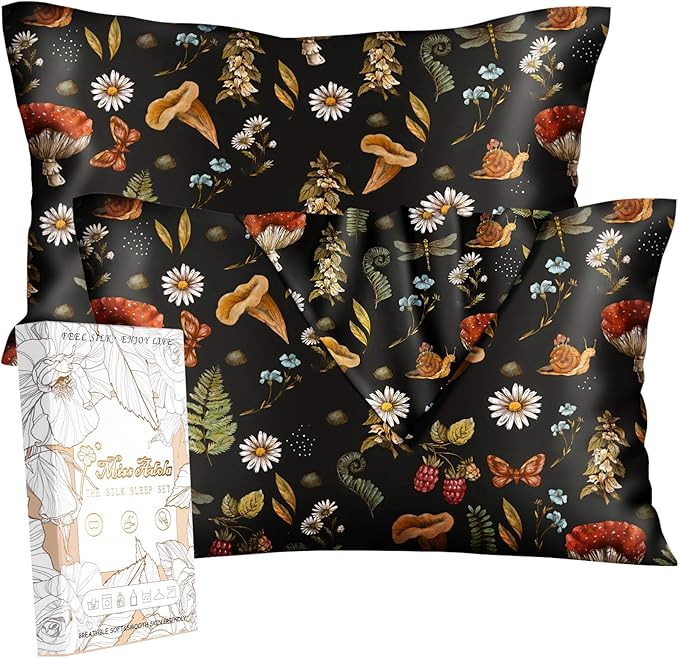 Silk Pillowcase 2 Pack - Pillow Cases 20" x 30" Queen Size Set of 2 for Hair and Skin Smooth Soft Breathable with Hidden Zipper Cooling Pillow Covers for Sleeping,Mushroom Plants