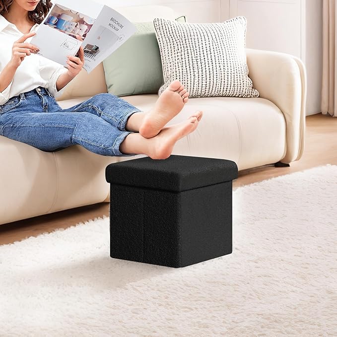 PINPLUS Storage Ottoman Cube Square Shaped Ottomans with Storage Foot Stool Footrest for Lving Room Boucle Ottoman Seat for Dorm Room,Faux Teddy Fur Black, 11.8"x11.8"x11.8"