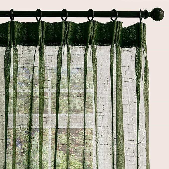 Dark Green Linen Look Sheer Curtains 108 Inches Long 2 Panels, Rustic Textured Light Filtering Drapes, Olive Window Decor, Floor to Ceiling Pinch Pleat Curtain with Hooks