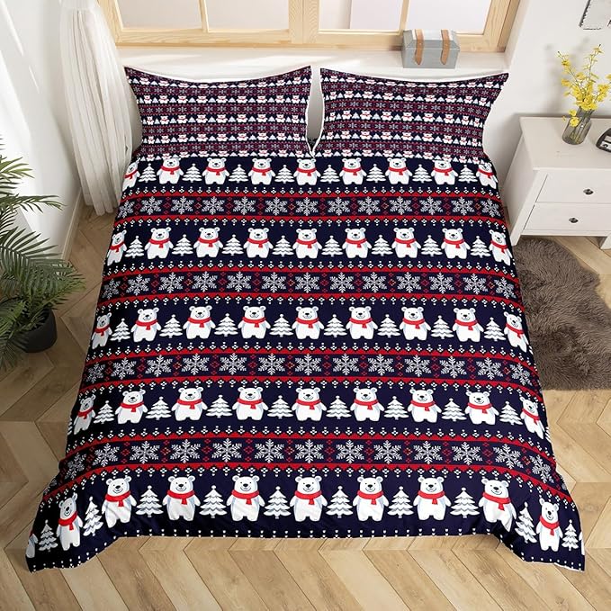 Christmas Bedding Set for Kids Boys Girls Polar Bear Christmas Tree Comforter Cover Set Exotic Ethnic Xmas Theme Duvet Cover Bedroom Decor Snowflake Bedspread Cover Full Size Bedding Collection 3Pcs