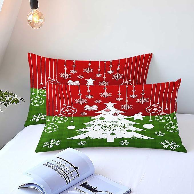 Red Christmas Duvet Cover Full Size Green Christmas Tree Gingham Bedding Set 3 Pcs Kids Boys Girls Checked Holiday Pattern Comforter Cover with Zipper Closure (No Comforter)