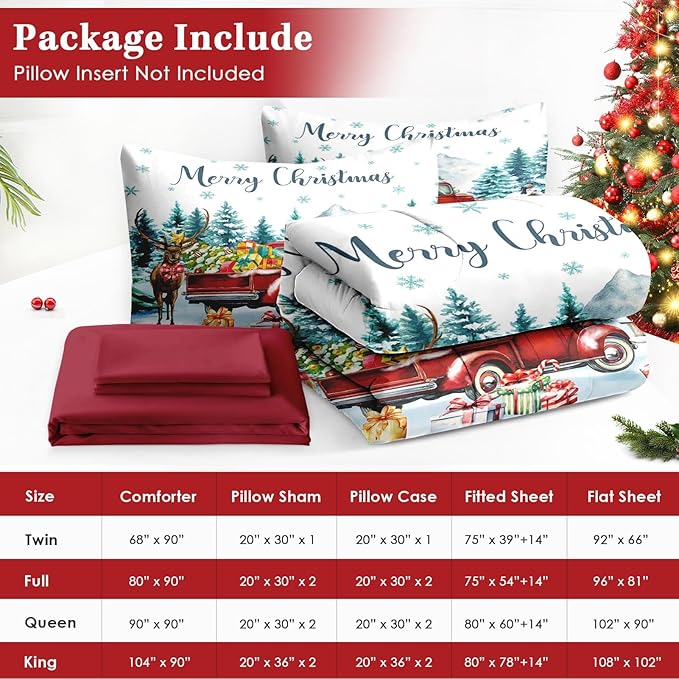 7 Pcs King Size Christmas Comforter Set with 2 Pillowcases & 2 Shams, Red Vintage Truck Elk Bedding for Kids and Adults, Winter Forest Bed in a Bag with Flat Fitted Sheet