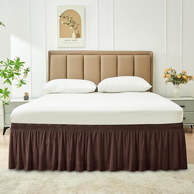 Biscaynebay Wrap Around Bed Skirts for Queen Beds 19" Long Drop, Brown Adjustable Elastic Dust Ruffles Easy Fit Wrinkle & Fade Resistant Silky Luxurious Fabric Solid Machine Washable