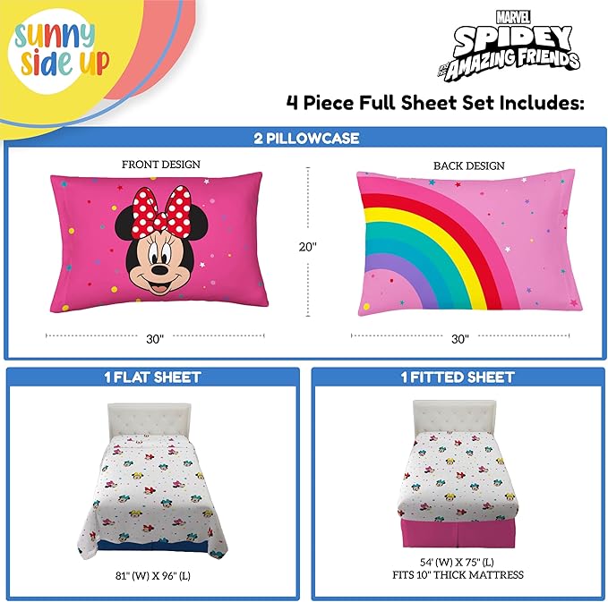 Sunny Side Up Disney Minnie Mouse Full Sheet Set - 4 Piece Kids Bedding Set Includes Pillow Cover - Super Soft Rainbow Dots Microfiber Sheets
