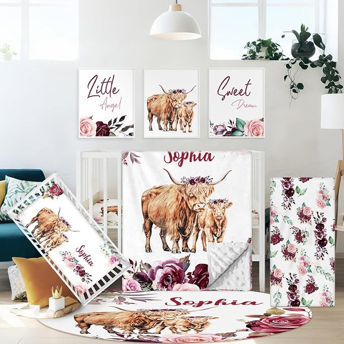 Personalized Name Baby Crib Bedding Set, 5 Pcs Custom Highland Cow Nursery Bedding Sets for Baby Girls Boys, Soft Double Layer Blanket, Newborn Infant, Toddler Crib Set
