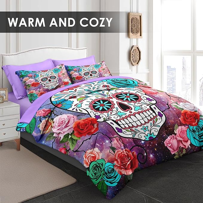 7 Pcs King Size Comforter Set with 2 Pillowcases & 2 Shams, Sugar Galaxy Bedding for Kids and Adults, Vintage Skeleton Flower Bed in a Bag with Flat Fitted Sheet
