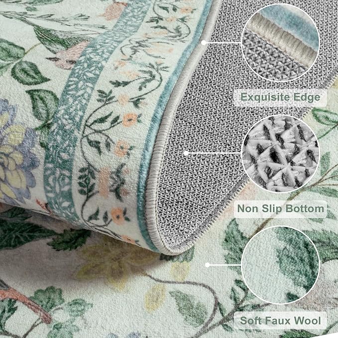 Green Floral Runner Rug, 2x6 Washable Rug Runners for Hallways Non-Slip, Soft Low Pile Flower Birds Long Bathroom Mat Botanical Throw Carpet for Kitchen Laundry Entryway Porch
