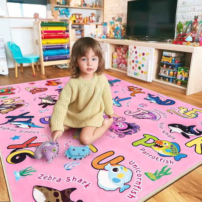 Kids Rug for Playroom, 8x10 Ft Educational Rug for Learn The ABC Alphabet, Soft Machine Washable Non-Slip Cute Marine Organisms Carpet for Classroom Toddler Nursery Kids Room Decor Mat, Pink