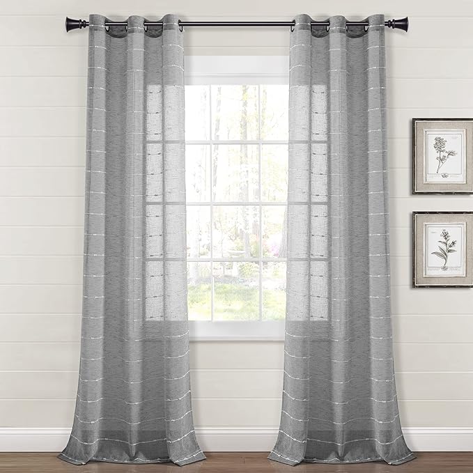 Lush Decor Farmhouse Textured Grommet Sheer Window Curtain Panel Pair, 38"W x 95"L, Dark Gray