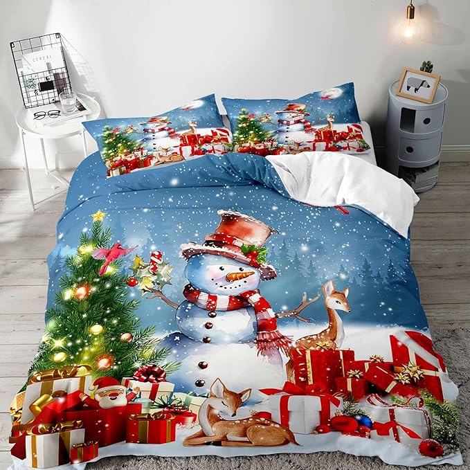 LUVIVIHOME 2PCS Cute Snowman Duvet Cover Twin Bedding Sets, Christmas Bedding, Santa Claus Deer Cardinal Christmas Tree Winter Holiday New Year Xmas Gifts Christmas Comforter Quilt Cover 1 Pillow Sham