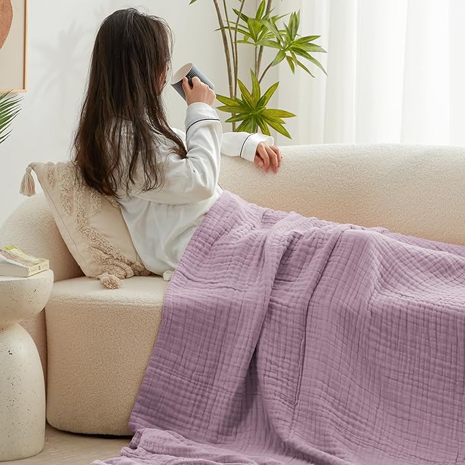 Love's cabin 6 Layer 100% Cotton Muslin Blanket, 108"x90" Muslin King Size Blanket for Bed Couch, Lightweight and Breathable Cotton Gauze for Adult, Lavender