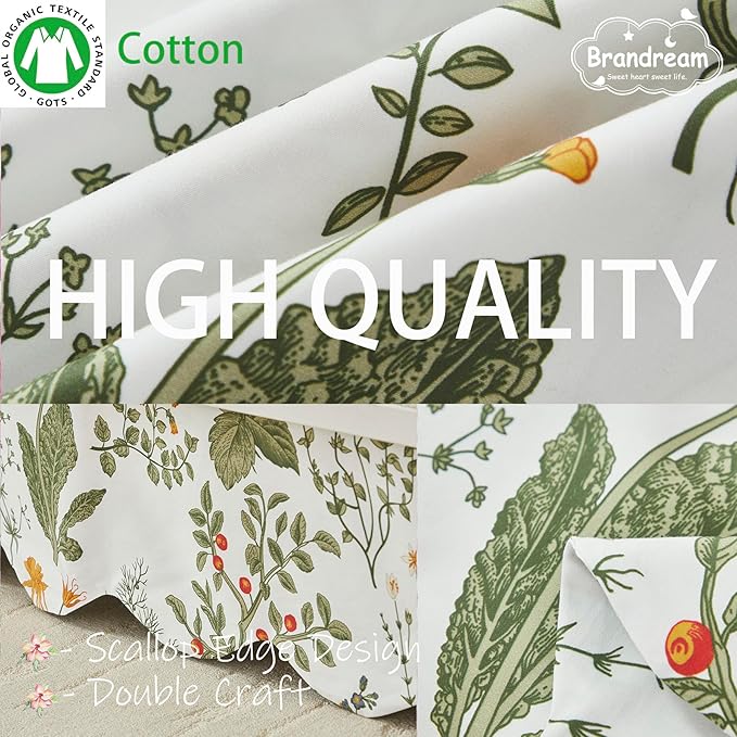 Brandream Scallop Edge Cotton Crib Skirt Toddler Bedskirt Baby Nursery Crib Bed Skirt Boho Bohemian Neutral Vintage Sage Green Botanical Floral Farmhouse Chic Boho Bohemian Skirt
