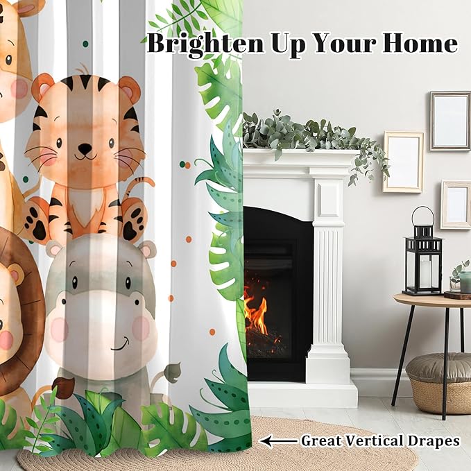 Renaiss 42 x 96 Inch Safari Animal Curtains for Kids Tropical Rainforest Lions Tigers Elephants Giraffes African Jungle Tree Green Leaf Print Window Drapes for Nursery Baby Bedroom Playroom 2 Panels