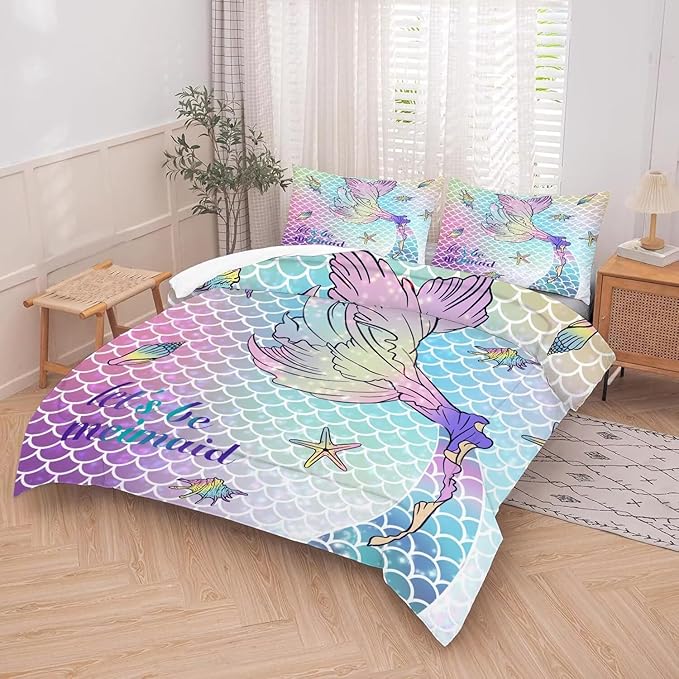 kxry Mermaid Tail Comforter Set Queen Size Gradient Fish Scales Sea Bedding Sets for Girls Teens Kids Ocean Starfish Conch Soft Microfiber Lightweight Comforter Set with 1 Comforter + 2 Pillow Cases