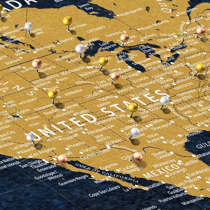 ElephantStock - Personalized Push Pin World Map - Gold Wall Art - Horizontal Canvas Wall Art - Living Room Wall Decor - Digital Art Map Canvas Art - Orange And Blue Decor - 39" x 26"