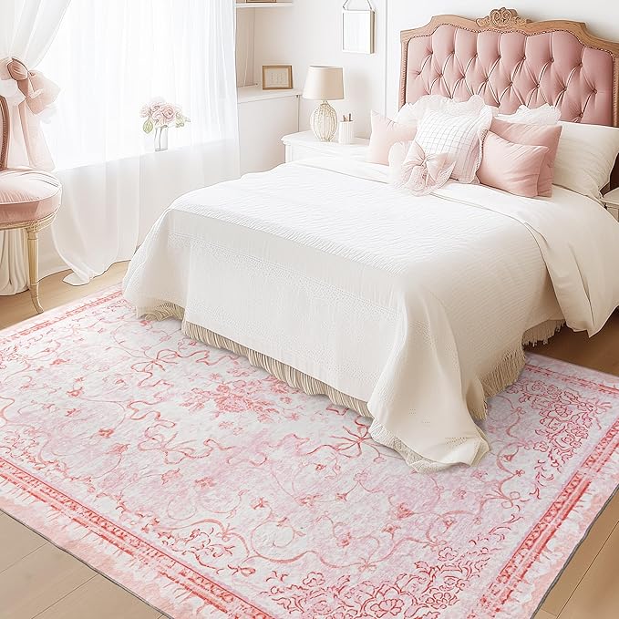 Pink Rug for Nursery Girl Bedroom 5x8 - Cute Bow Coquette Room Decor for Teen Girls Aesthetic,Washable Light Pink and White Cottage Core Floral Scalloped Rug for Dorm Room College Students Playroom
