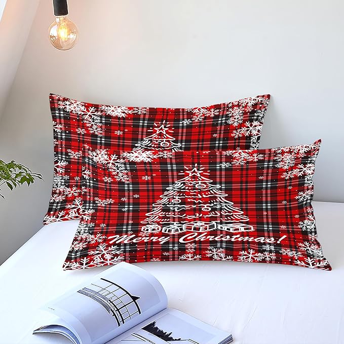 Christmas Duvet Cover Queen Size Black Red Gingham Xmas Bedding Set 3 Pcs Kids Boys Girls Christmas Tree Plaid Pattern Soft Comforter Cover with Zipper Closure (No Comforter)