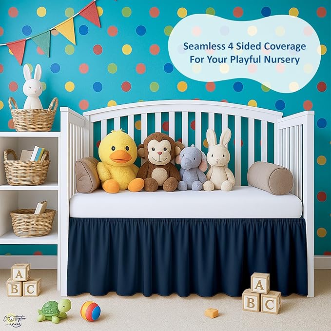 Cottington Lane Navy Blue Crib Skirt Dust Ruffle, 100% Natural Cotton, Soft, Durable Nursery Crib Toddler Bedding Skirt for Baby Girls or Boys, Fits Standard Cribs 28" x 52" with 14" Drop