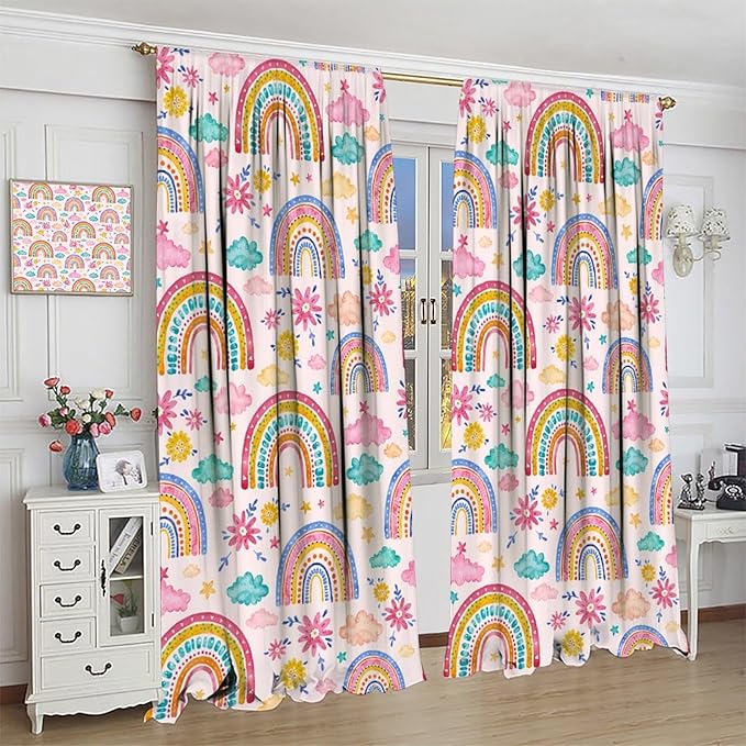 Kids Rainbow Curtains Boho Cartoon Colorful Stars Pink Lovely Rainbow Abstract Art Pattern Print Window Drapes for Bedroom Living Room Kitchen Decor,2 Panel Set,55x63 Inch Blackout