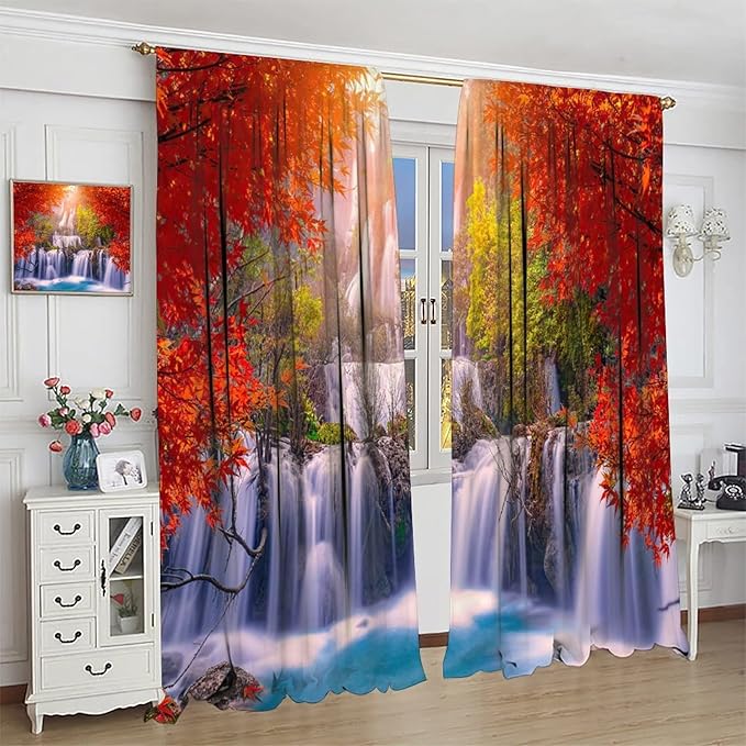 Forest Waterfall Blackout Windows Curtains, Autumn Red Green Maple Leaves Jungle Rainforest Natural Scenery Landscape Curtains, for Living Room Bedroom 42x54in 2 Panels