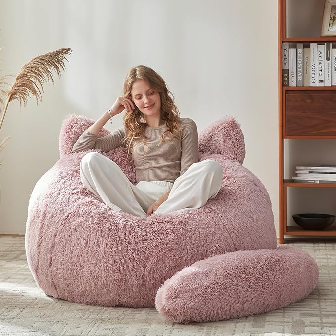 Bean Bag Chair for Adults Teen,Giant Bean Bag Chairs Cat Design,Plush Faux Fur Beanbag Couch Comfy Accent Floor Sofa for Reading, Playing, Relaxing in Living Room, Bedroom