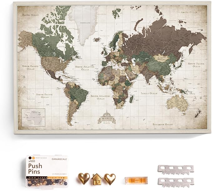 Canvas World Map with Cork Pin Board - English Lettering - Decorative Wall Decoration for All Rooms - Canvas Pictures with World Map Motif (90x60 cm, Pattern 24)