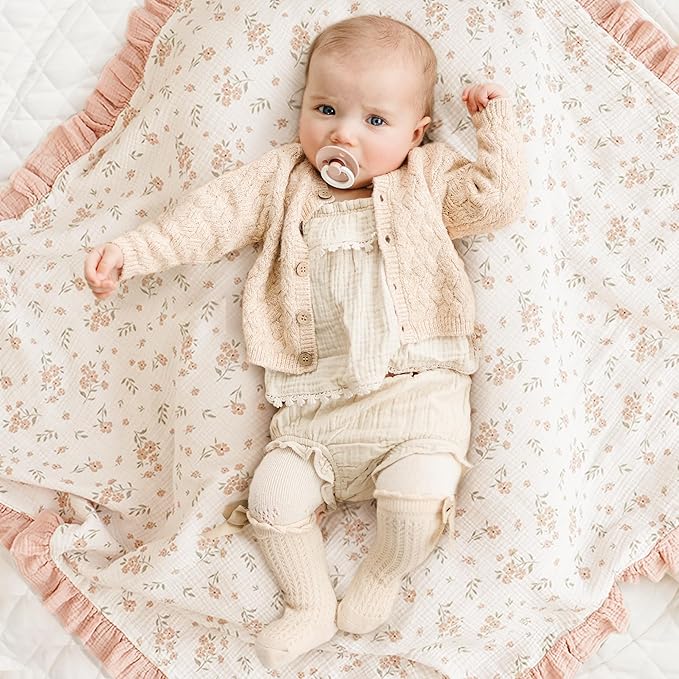 Konssy Flounce Muslin Baby Blankets, Cotton Crib Blanket for Baby Infant Toddler, Super Soft and Lightweight Nursery Blankets 40"x36" (Blossom)