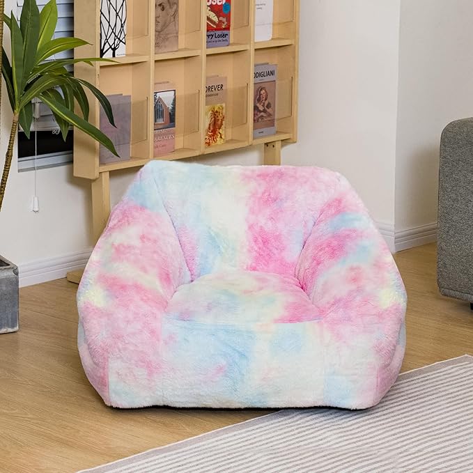 Bean Bag Chairs for Kids, 27" Modern Rainbow Colors Beanbag Sofa with Sponge Filling & Comfy Soft Faux Fur, Kids Teens Bean Bags Chair Sofa for Bedroom, Living Room, Set of 2(Colorful)