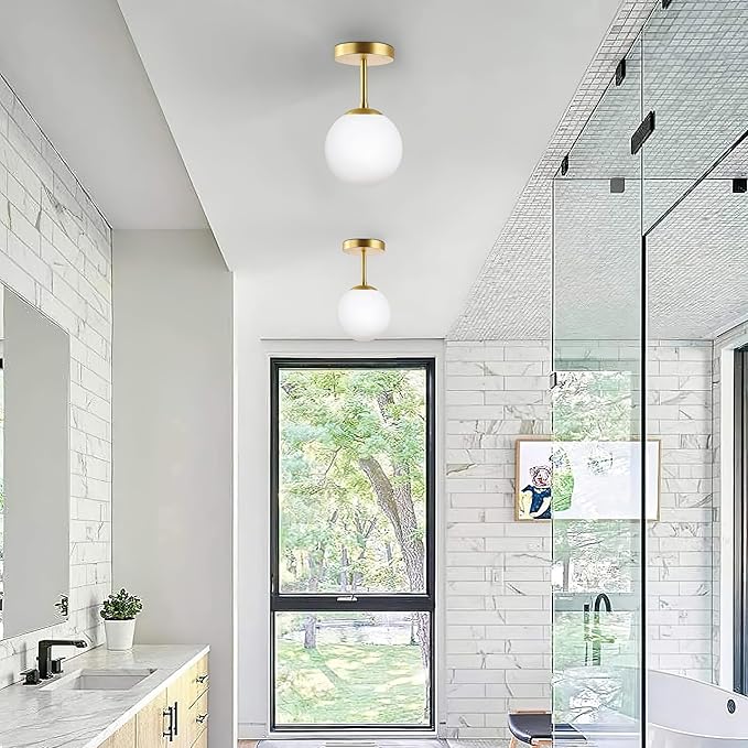Mid Century Modern Globe Semi Flush Mount Ceiling Light Fixture Frosted Glass with Gold Brass Finish,1-Light Sphere Glass Pendant Lights for Aisle Porch Stairway Closet Kitchen Laundry Room(Bulb Incl)