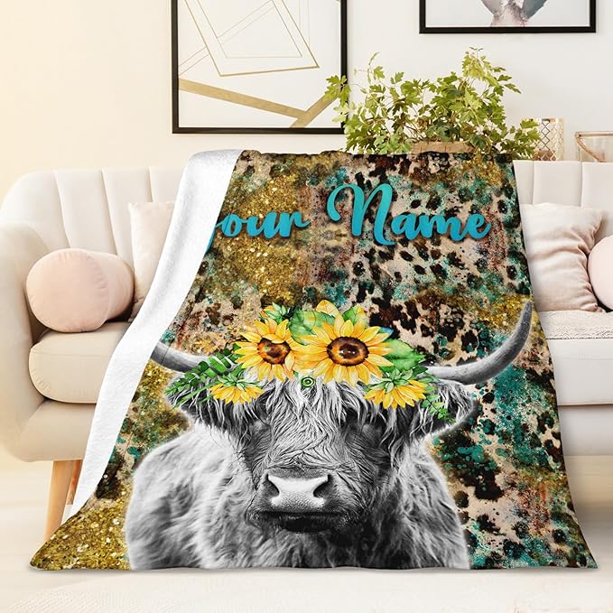 Personalized Highland Cow Blanket Gifts for Kids Boys Girls, 40x30 Inches Cute Throw Blanket for Highland Cow Lovers, Custom Soft Fuzzy Leopard Print Blankets for Lap Chair Travel