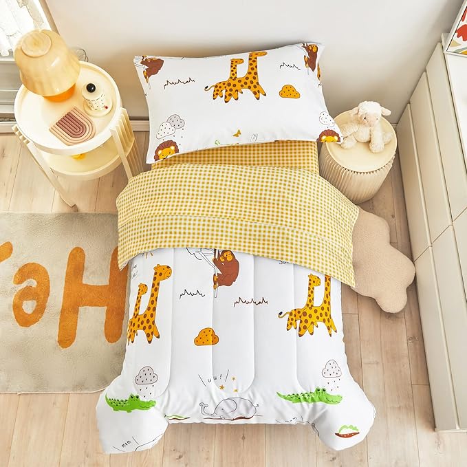 Flysheep 4 Piece White Toddler Bedding Set for Baby Girls and Boys, Cute Animals Printed - Includes Quilted Comforter, Flat Sheet, Fitted Sheet & Pillow Case, Soft Microfiber