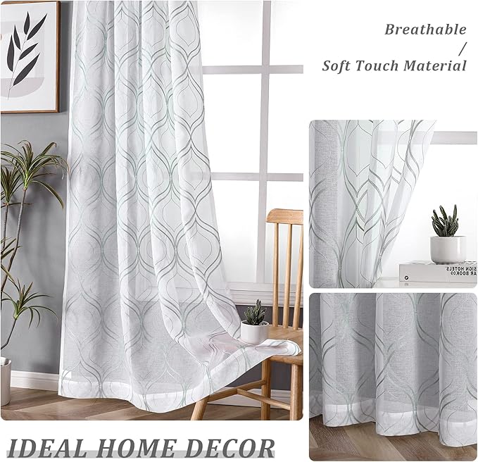 VISIONTEX White Sheer Curtains 84 Inches Long 2 Panels Set Green Moroccan Embroidered Curtains Trellis French Textured Rod Pocket Voile Tulle Semi Window Drapes for Bedroom Living Room 54 x 84 Inches