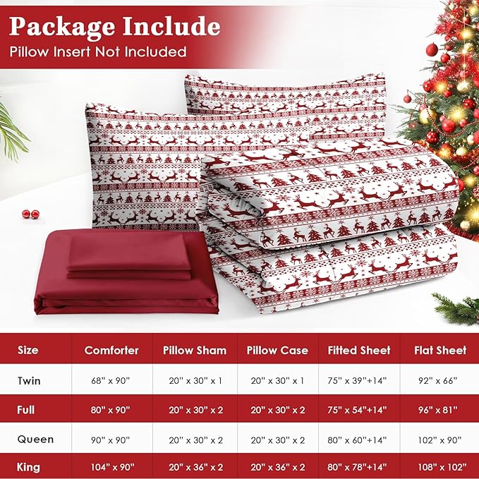 7 Pcs King Size Christmas Comforter Set with 2 Pillowcases & 2 Shams, Red Winter Funny Reindeer Bedding for Kids and Adults, Pine Tree Snowflake Bed in a Bag with Flat Fitted Sheet