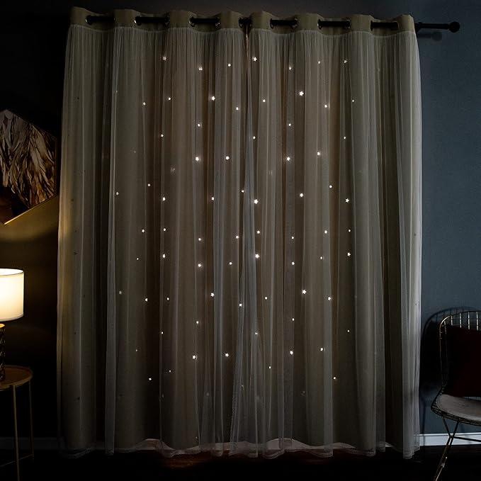 Kinryb Kids Blackout Curtains for Bedroom/Living Room/Classroom, Sheer Overlay Extra Long 2 Panel Set, Double Layer Curtains with Star Cutout for Kids Room(W 52 x L 108 Inches,Beige 2 Pcs)