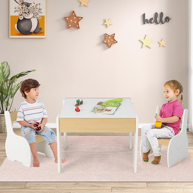 INFANS 3 in 1 Kids Table and Chair Set, Wood Multi Activity Table with Removable Tabletop Storage, Detachable Blackboard for Toddler Playing Drawing Arts Crafts,3 PCS Children Furniture