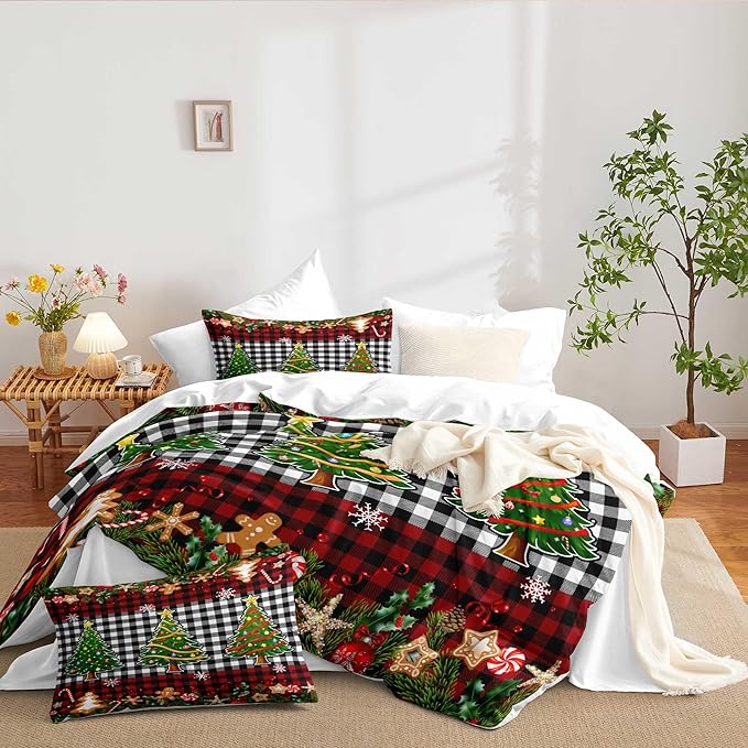 Christmas Duvet Cover King Size Black White Gingham Bedding Set 3 Pieces Kids Boys Girls Red Plaid Grid Christmas Tree Gingerbread Man Comforter Cover with Zipper Closure