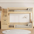 Twin Over Twin Floor Bunk Bed with Storage Staircase, Solid Wood Bunk Bed Frame with Full Length Fence-Shaped Guardrails for Kids Teens Adult Bedroom, Space Saving Design (Natural-Twin/Twin)